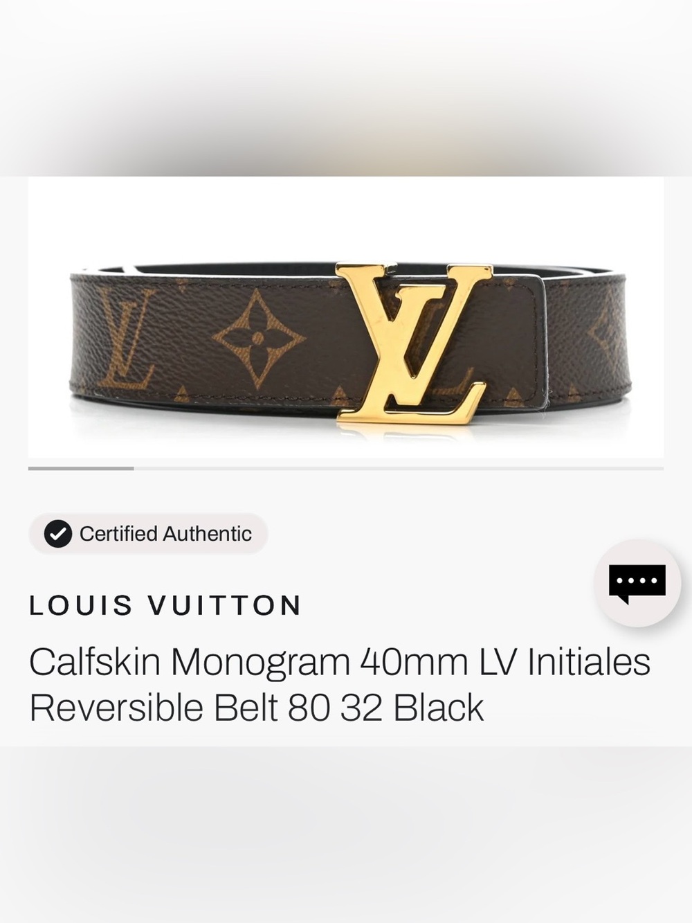 LOUIS VUITTON
Calfskin Monogram 40mm LV Initiales
Reversible Belt 80 32 Black